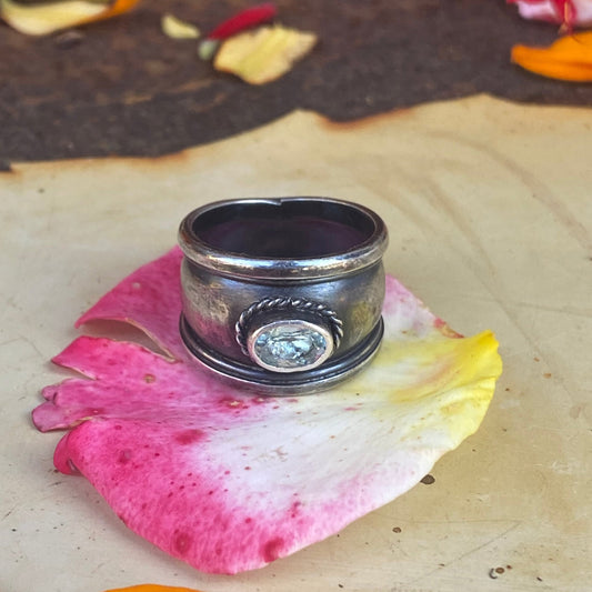 Wide Sterling Ring with Facted Aquamarine